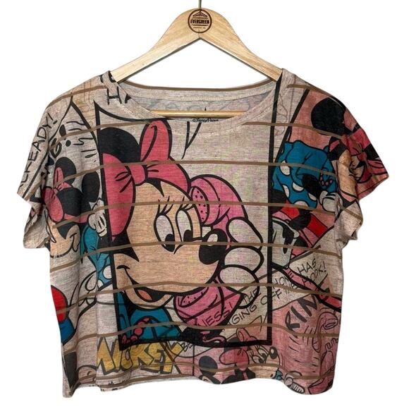 DisneyParks Women’s Minnie Mouse Comic Strip Telephone All-Over Crop Top Size M - Picture 1 of 8